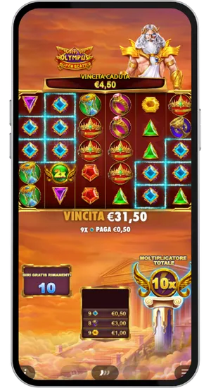 Round Free Spins di Gates of Olympus Super Scatter con moltiplicatore totale da dieci volte e giri rimanenti visibili