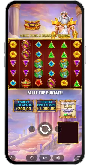 Interfaccia principale di Gates of Olympus Super Scatter mobile con pulsanti Compra Giri Gratis e Compra Super Giri Gratis