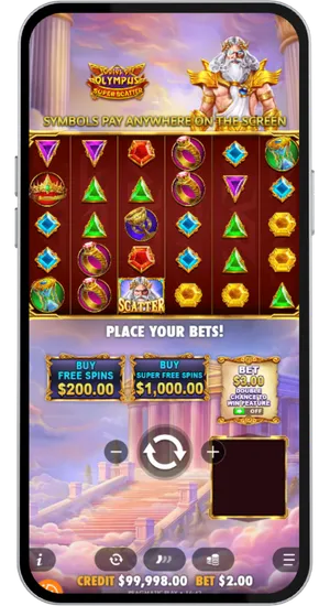 Gates of Olympus Super Scatter pannello puntate con Bonus Buy e Super Free Spins su mobile