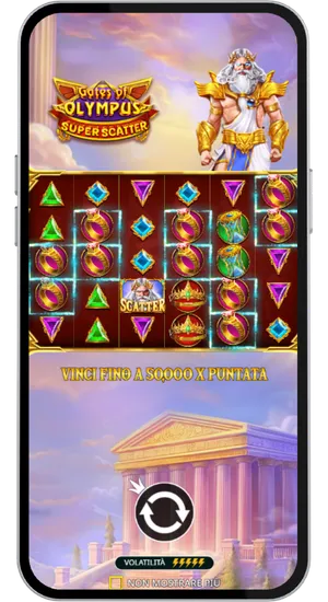 Schermata di caricamento di Gates of Olympus Super Scatter con indicatore di volatilità massima e Zeus sullo sfondo
