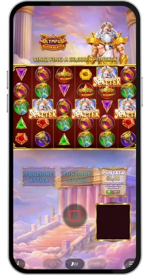 Quattro simboli Scatter che attivano il bonus in Gates of Olympus Super Scatter con scritta Funzione Attiva